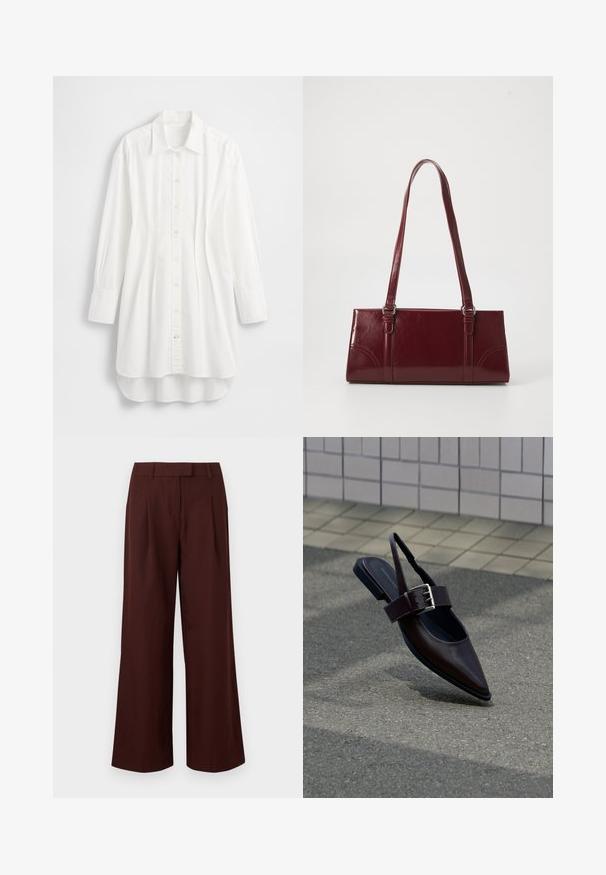Wit overhemd met lange mouwen van katoen; voorzien van knoopsluiting aan de voorkant, puntige kraag en een afgeronde zoom met een iets langere achterkant.; Wijde, high-waist broek in donkerbruin met riemlussen en voorplooien, afgebeeld tegen een effen witte achtergrond.; Donkerbruine platte slingback schoen met puntige neus, brede band en grote zilveren gesp, op asfalt bij een betegelde muur.; Bourgondische handtas van glanzend materiaal, rechthoekige vorm, met twee schouderbanden en subtiele gebogen accenten aan de voorkant.