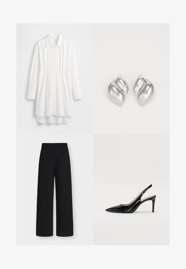 Camisa blanca de manga larga hecha de algodón; presenta cierre frontal con botones, cuello puntiagudo y dobladillo curvado con la parte trasera ligeramente más larga.; Pantalones anchos de color negro con trabillas y cintura alta, mostrados sobre un fondo liso y claro.; Zapatos de charol negro con tirante al tobillo, punta afilada, tacón delgado y un diseño de corte sutil. Presenta una hebilla dorada en la correa.; Pendientes de plata con una forma orgánica y abstracta. Superficie lisa y brillante con un diseño cónico. Presentan suaves curvas y un detalle de línea central.
