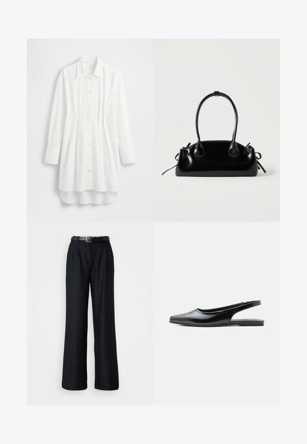 Camisa blanca de manga larga hecha de algodón; presenta cierre frontal con botones, cuello puntiagudo y dobladillo curvado con la parte trasera ligeramente más larga.; Pantalones de pierna ancha negros, hechos de una tela suave, con pliegues frontales y un cinturón negro a juego con una hebilla plateada.; Zapato plano slingback de charol negro con punta afilada y tacón bajo sobre fondo blanco.; Pequeño bolso negro brillante con dos asas largas y detalles de cordón lateral sobre un fondo claro liso.