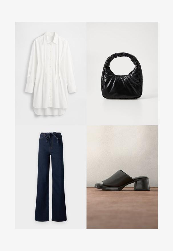 Chemise blanche à manches longues en coton ; dotée d'une fermeture boutonnée à l'avant, d'un col pointu et d'un ourlet incurvé avec un dos légèrement plus long.; Jean large bleu foncé taille haute avec ceinture nouée à l'avant et style classique à cinq poches.; Mule noire à bout ouvert avec talon carré et tige en cuir texturé, suspendue au-dessus d'une surface grise avec un fond sombre flou.; Sac à main noir rembourré avec une poignée arrondie, présentant une surface lisse et brillante ainsi qu'une texture douce et matelassée. Pas de quincaillerie ou d'accents visibles.