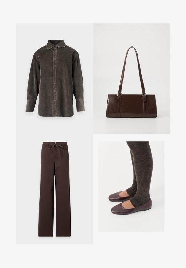 Chemise à manches longues en velours côtelé gris foncé, dotée d'une patte de boutonnage à l'avant, d'un col classique et d'une coupe décontractée avec des fentes latérales pour faciliter les mouvements.; Pantalon large marron foncé avec fermeture à boutons et fermeture éclair à l'avant, passants de ceinture, poches avant et ceinture en tissu nouée à la taille.; Ballerines en cuir verni bourgogne à bout carré, accompagnées de chaussettes en tricot côtelé marron foncé atteignant le molet.; Sac à main en cuir verni marron de forme rectangulaire, avec deux longues poignées et des accents courbés subtils à l'avant.
