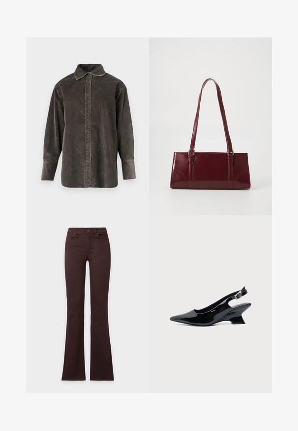 Chemise à manches longues en velours côtelé gris foncé, dotée d'une patte de boutonnage à l'avant, d'un col classique et d'une coupe décontractée avec des fentes latérales pour faciliter les mouvements.; Jean bootcut marron foncé avec bouton et fermeture éclair, poches avant et arrière, présenté à plat sur un fond blanc uni.; Chaussure slingback en cuir verni noir avec bout pointu et petit talon bloc incliné sur fond clair uni.; Sac à main bordeaux en matériau brillant, de forme rectangulaire, avec deux anses et des accents légèrement courbés à l'avant.