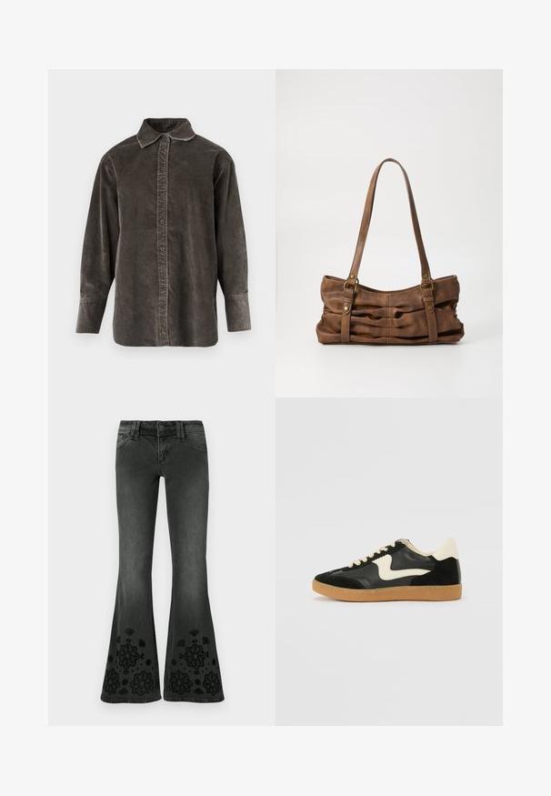 Chemise à manches longues en velours côtelé gris foncé, dotée d'une patte de boutonnage à l'avant, d'un col classique et d'une coupe décontractée avec des fentes latérales pour faciliter les mouvements.; Jeans noirs évasés avec une finition délavée ; ornés de motifs floraux brodés en noir à l'ourlet ; tissu en denim à texture lisse.; Baskets en daim et cuir noir avec un swoosh latéral crème et un talon crème clair. Dotées de lacets beige et d'une semelle en caoutchouc gomme.; Even&Odd Sac à main - brown