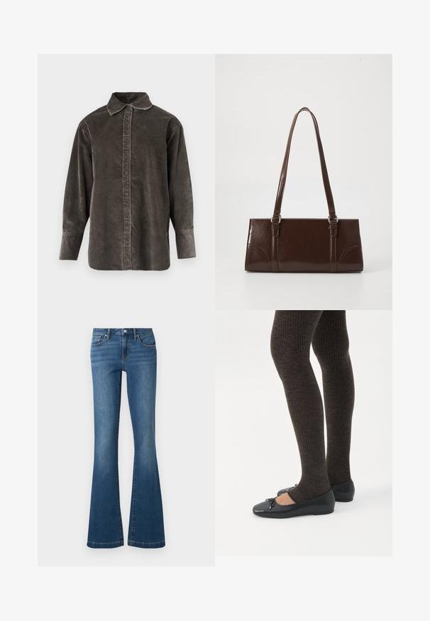 Chemise à manches longues en velours côtelé gris foncé, dotée d'une patte de boutonnage à l'avant, d'un col classique et d'une coupe décontractée avec des fentes latérales pour faciliter les mouvements.; Jean en denim bleu avec une taille haute, bouton et fermeture éclair à l'avant, style cinq poches, jambes évasées sur fond uni.; Jambes portant des leggings côtelés foncés associés à des ballerines noires avec de petits détails en nœud sur fond blanc.; Sac à main en cuir verni marron de forme rectangulaire, avec deux longues poignées et des accents courbés subtils à l'avant.