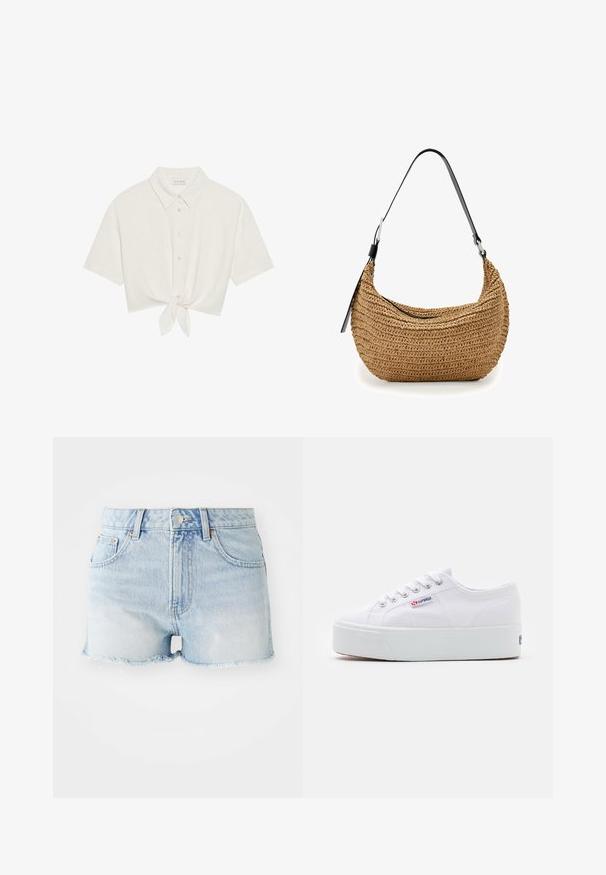 Chemise à manches courtes cintrée en lin beige clair, avec un devant à boutons et un détail noué à l'ourlet. Texture lisse avec un col classique.; Shorts en denim de couleur bleu clair, avec une taille haute, un ourlet effiloché, des poches avant et arrière, et un bouton cuivre.; Baskets en toile blanches avec une épaisse semelle plateforme blanche, bout rond et œillets en métal pour les lacets. Logo de la marque affiché sur le côté.; Petit sac à bandoulière marron tressé avec sangle noire réglable et fermeture éclair, présenté sur fond blanc.
