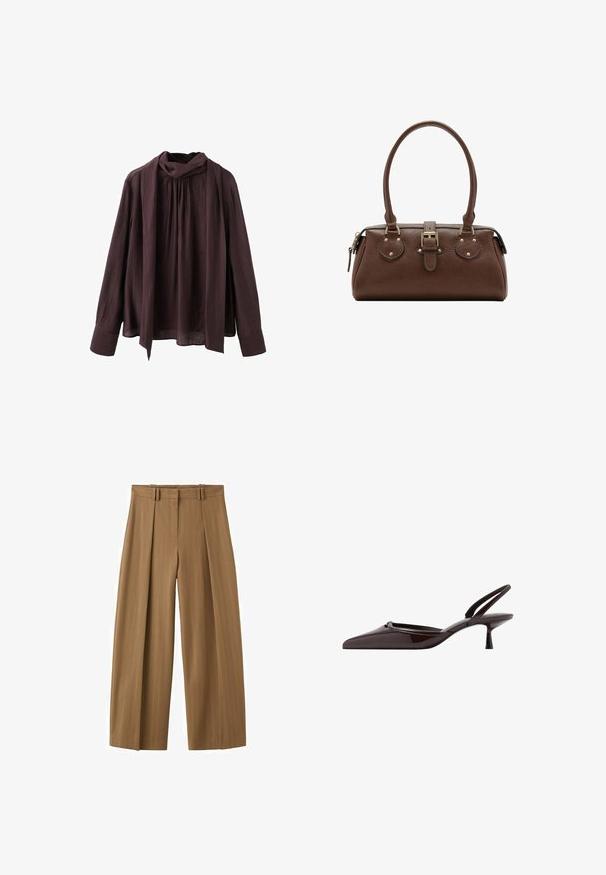 Blouse longue à manches longues de couleur marron foncé avec un col froncé et un détail de foulard long attaché, fabriquée dans un tissu texturé léger.; Pantalon marron taille haute à jambes larges avec fines rayures, plis sur le devant, passants pour ceinture et fermeture éclair dissimulée sur le devant.; Escarpin slingback en cuir verni marron foncé avec bout pointu et petit talon kitten sur fond blanc.; Sac à main en cuir marron avec deux poignées, une sangle centrale à boucle et des ferrures dorées, présenté sur fond blanc.