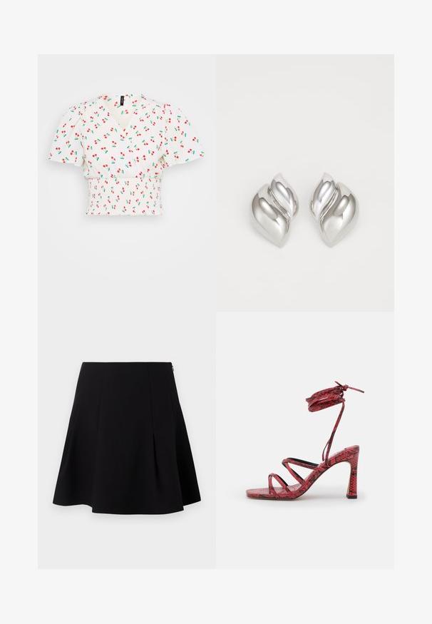 Witte crop top met een wikkeldesign, pofmouwen, gerimpelde taille en een rode kersenprint met groene bladeren. Zachte stoftextuur.; Zwarte flairrok met plooien aan de voorkant, een gladde textuur en een verborgen rits aan de achterkant.; NA-KD STRAPPY FUNNEL - Sandalen met hoge hak - red; Zilveren oorbellen met een organische, abstracte vorm. Gladde, glanzende oppervlakte met een taps toelopend ontwerp. Beschikken over subtiele rondingen en een centrale lijn detail.