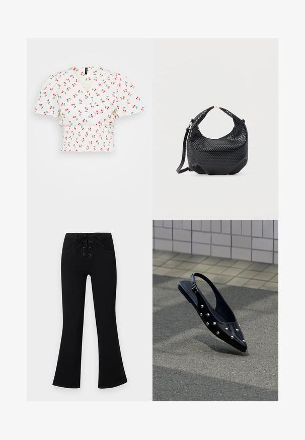 Witte crop top met een wikkeldesign, pofmouwen, gerimpelde taille en een rode kersenprint met groene bladeren. Zachte stoftextuur.; Zwarte hoge taille broek met uitlopende pijpen, met vetersluiting aan de voorkant en zijzakken, weergegeven op een lichtgrijze achtergrond.; Zwarte puntige slingback schoen met zilveren studs, zwevend boven asfalt bij een achtergrond van betegelde muur.; Zwart gevlochten lederen handtas met korte handgreep en afneembare schouderriem, getoond tegen een effen lichte achtergrond.