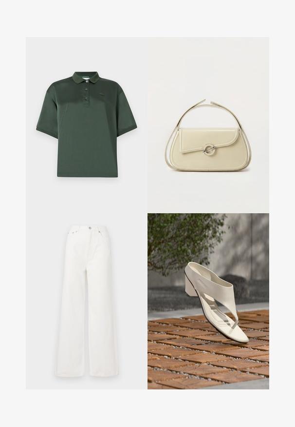 Polo shirt vert foncé en tissu lisse, dotée d'un col, de trois boutons, de manches courtes et d'un accent logo subtil sur la poitrine.; Jeans large à taille haute blancs en denim. Comprend des poches avant, une fermeture à bouton et des détails d'ourlet effiloché.; Sandale à talon en cuir blanc avec une large bride et un entre-doigts, exposée en extérieur sur une surface carrelée en bois et en gravier avec de la verdure en arrière-plan.; Sac à main en cuir crème avec rabat incurvé, fermoir circulaire en argent et poignée courte sur le dessus, sur fond blanc uni.