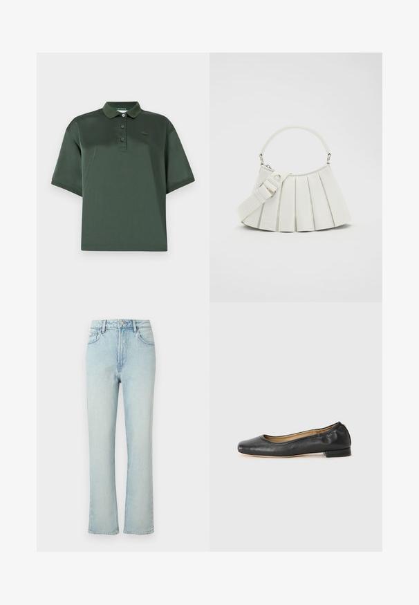 Polo shirt vert foncé en tissu lisse, dotée d'un col, de trois boutons, de manches courtes et d'un accent logo subtil sur la poitrine.; Jean bleu clair taille haute à jambes droites avec bouton avant, passants de ceinture et design classique à cinq poches sur fond uni.; Ballerines en cuir noir avec un bout arrondi et des coutures minimales. Talon bas et rectangulaire avec une texture lisse. Détails subtils de doublure intérieure.; Lacoste LENGLEN BAG - Sac à main - cristalline