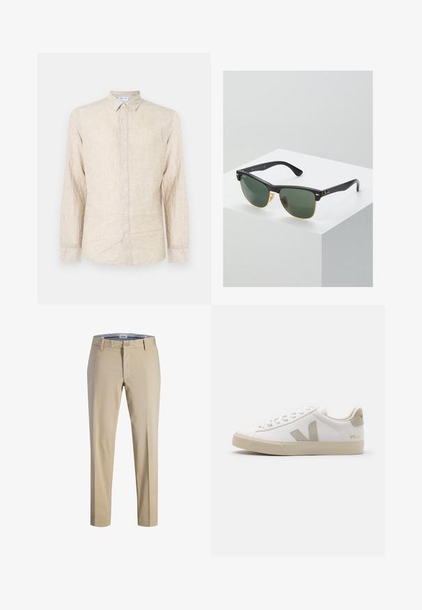 Camisa de manga larga beige hecha de tela texturizada, con un cuello clásico, cierre de botones y un corte relajado.; Chinos beige con un diseño de pierna recta, que cuentan con un cierre de botón y trabillas para cinturón. Textura suave, sin patrones o acentos notables.; Zapatillas blancas de cuero con acentos en beige, suela plana de goma, puntera redonda y logotipo contrastante en el lado y la parte trasera. Diseño con cordones.; Gafas de sol Ray-Ban con lentes verdes, montura de plástico negro y acentos dorados en los bordes. Forma cuadrada con acabado mate.