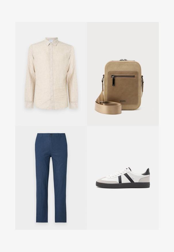 Beige overhemd met lange mouwen, gemaakt van gestructureerde stof, met een klassieke kraag, knoopsluiting en een ontspannen pasvorm.; Marineblauwe broek van lichte stof, met een rechte snit, rits, knoopsluiting en zijzakken.; Witte sneaker met zwarte en grijze accenten, voorzien van een grijze neus met textuur, zwarte rubberen zool en platte witte veters. Schoon ontwerp, minimalistische stijl.; Kleine beige crossbodytas met een voorvak met ritssluiting, metalen ALDO-logo, verstelbare brede band en afgeronde rechthoekige vorm op een witte achtergrond.
