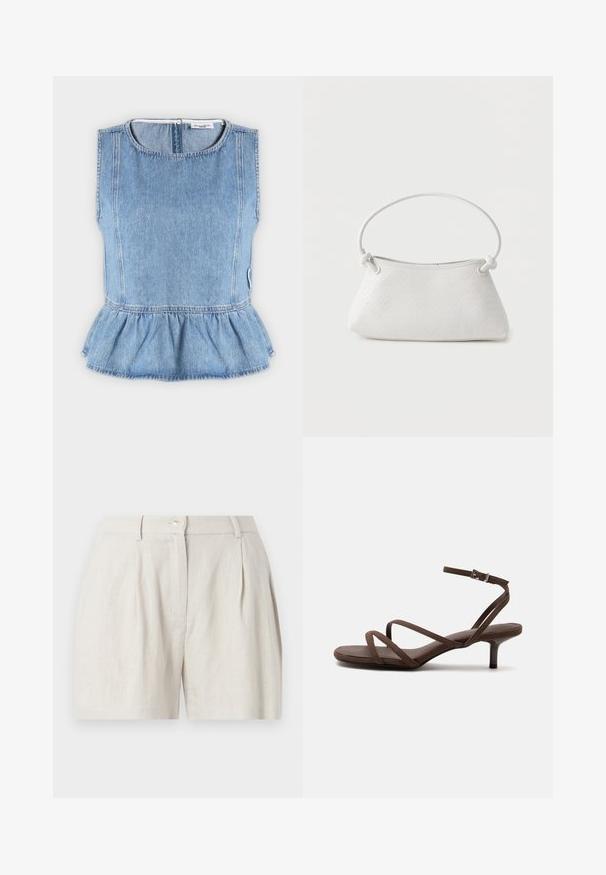 Haut en denim bleu clair sans manches avec col rond et bas à volant, avec des coutures verticales et une fermeture à bouton au dos.; Short en lin crème taille haute avec plis devant, poches latérales, passants de ceinture et fermeture par bouton.; Sandale marron à talons hauts avec fines lanières croisées et bride de cheville avec boucle argentée sur fond blanc.; Sac à main en cuir tressé blanc avec poignée arrondie et extrémités de lanière nouées, présenté sur un fond uni.