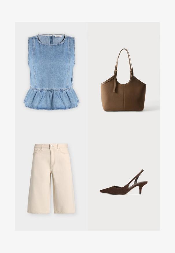 Haut en denim bleu clair sans manches avec col rond et bas à volant, avec des coutures verticales et une fermeture à bouton au dos.; Short en denim beige longueur genoux avec bouton et fermeture éclair devant, passants de ceinture et style cinq poches.; Escarpin slingback en daim brun foncé avec bout pointu et talon kitten sur un fond clair uni.; Sac cabas en cuir marron avec bandoulière ajustable et boucle dorée, texture lisse, présenté sur fond blanc uni.