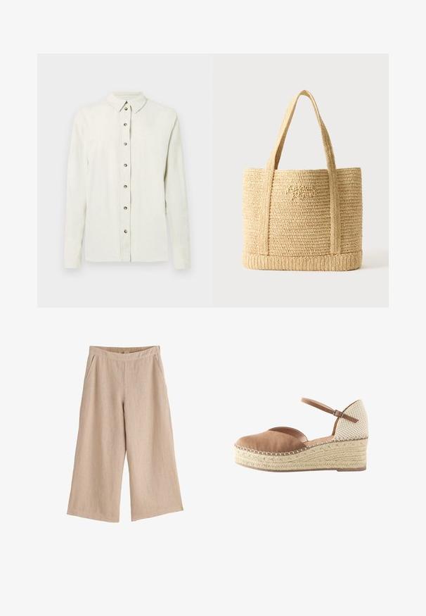 Camisa de manga larga color beige claro hecha de tela texturizada, con cierre frontal de botones metálicos y cuello clásico.; Pantalones beige de pierna ancha y corte cropped con cintura elástica y bolsillos laterales, hechos de tela ligera.; Alpargata con cuña, parte delantera de ante color cuero, parte trasera tejida beige, correa en el tobillo con hebilla y suela plataforma trenzada de yute.; Bolso tote beige tejido de paja con dos asas para el hombro y un sutil bordado en cursiva en la parte delantera, sobre un fondo liso.