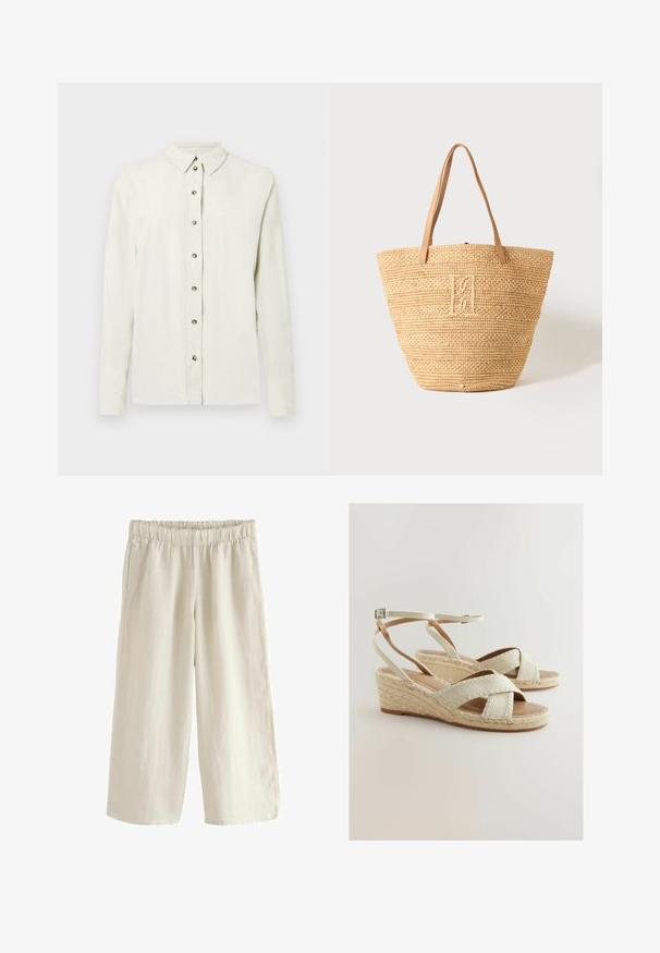 Camisa de manga larga color beige claro hecha de tela texturizada, con cierre frontal de botones metálicos y cuello clásico.; Pantalones de lino de pierna ancha en beige claro con cintura elástica, que cuentan con bolsillos laterales y una textura suave. Corte relajado.; Sandalias de cuña beige con parte superior de tela, tiras cruzadas, plataforma de yute trenzado y correa ajustable en el tobillo. Suela lisa.; Bolsa tote beige de paja tejida con dos asas de cuero marrón claro y un monograma bordado sutil en el centro delantero.