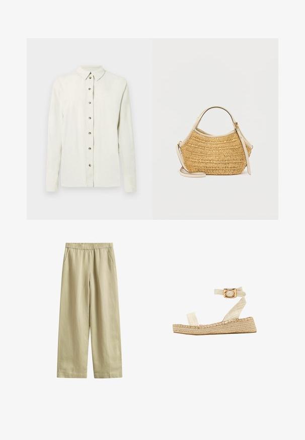 Camisa de manga larga color beige claro hecha de tela texturizada, con cierre frontal de botones metálicos y cuello clásico.; Pantalones beige de pierna ancha con cintura elástica y bolsillos laterales, hechos de tela ligera.; South Beach TWO PART - Alpargatas - cream; Bolso tejido beige de forma redondeada, con asa de cuero crema y correa ajustable para el hombro con detalle de hebilla en tono dorado.