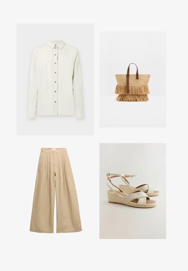Lichtbeige overhemd met lange mouwen, gemaakt van gestructureerde stof, voorzien van een knoopsluiting met metalen knopen en een klassieke kraag.; Beige linnen broek met hoge taille en wijde pijpen, plooien bij de taille en een verborgen voorzijde sluiting.; Beige wedge sandalen met een stoffen bovenwerk met kruisbanden, een gevlochten jute platform en een verstelbare enkelband. Glad zool.; Geweven strooien tas met twee lagen stro-franje en bruine leren hengsels, rechtopstaand op een witte ondergrond.