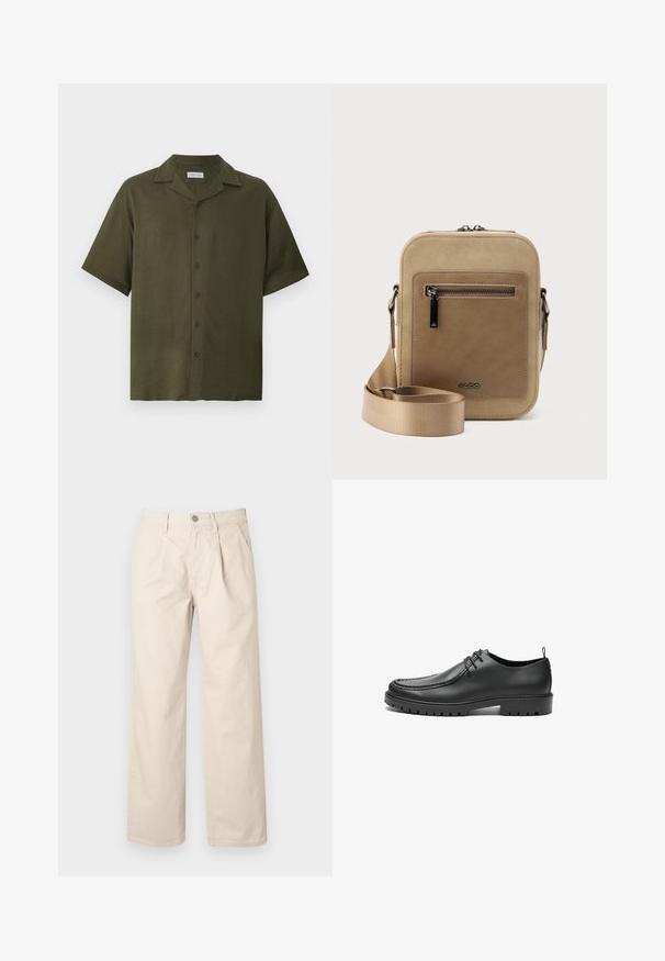 Chemise vert olive à manches courtes avec col camp et six boutons sur le devant, fabriquée en tissu texturé lin.; Pantalons larges beiges à taille haute, avec des plis avant, une fermeture à bouton sur le devant et un tissu en coton lisse.; Chaussures en cuir noir avec une finition lisse, bout arrondi et coutures décoratives. Elles possèdent une semelle en caoutchouc avec des rainures de traction et un laçage.; Petit sac bandoulière beige avec poche avant zippée, logo métallique ALDO, sangle large ajustable et forme rectangulaire arrondie sur fond blanc.