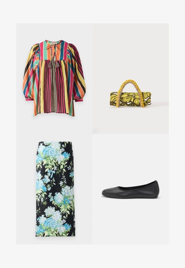 Blouse colorée à rayures avec un col rond, des manches bouffantes et des accents à franges. Le tissu est léger et respirant.; Jupe crayon florale en tissu noir, ornée de grandes hortensias bleues et vertes et de petites fleurs blanches, accentuée d'un nœud bleu clair.; Ballerines en cuir noir avec un bout rond, texture lisse, détails de couture minimalistes et design de semelle flexible.; Sac rectangulaire avec motif floral jaune et noir et anse tressée jaune et rose sur fond blanc.