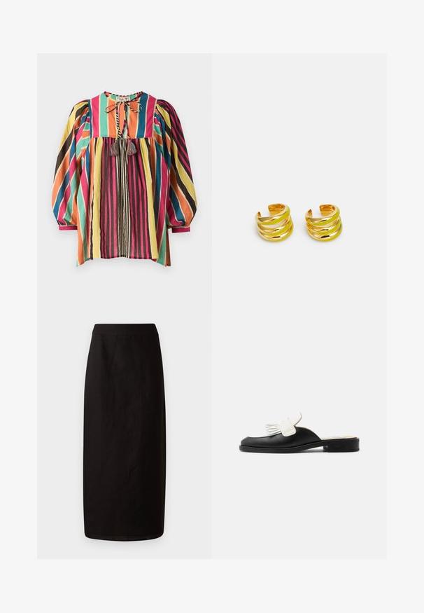 Blouse colorée à rayures avec un col rond, des manches bouffantes et des accents à franges. Le tissu est léger et respirant.; Jupe midi noire en tissu léger. Elle présente une silhouette droite, une texture lisse et une taille simple sans embellissements.; Mule en cuir noir avec petit talon et détail à franges blanches sur le dessus, style glissé.; MISHO SUME - Boucles d'oreilles - gold-coloured/lime green