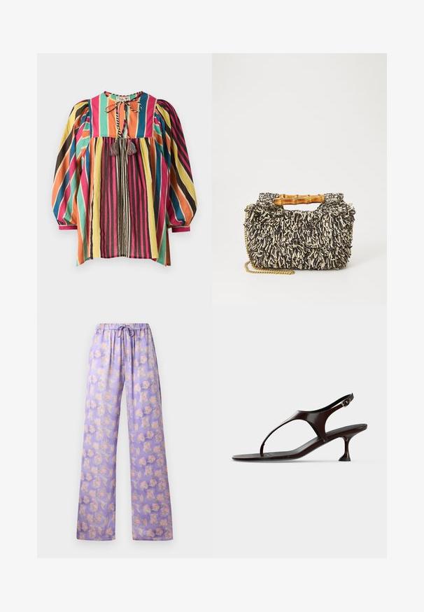 Blouse colorée à rayures avec un col rond, des manches bouffantes et des accents à franges. Le tissu est léger et respirant.; Pantalons floraux lilas clair avec taille élastique et cordon de serrage. Dotés d'un tissu doux, d'une coupe ample et d'un motif de fleurs roses et vertes.; Sandale slingback en cuir verni marron foncé avec petit talon et bride entre les orteils sur fond blanc.; Sac tissé avec un motif texturé noir et crème, une poignée en bambou et une bandoulière en chaîne dorée amovible. Forme rectangulaire compacte.