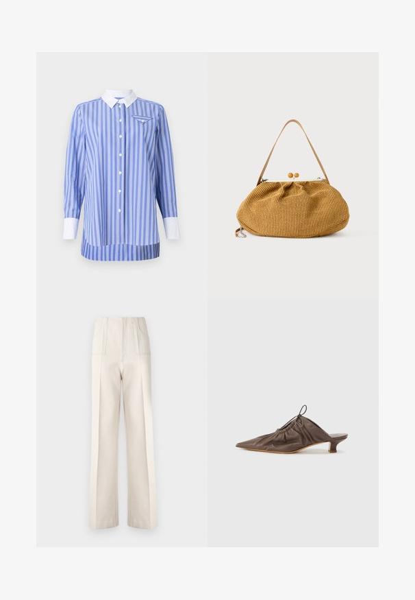 Blauw-wit gestreepte shirt met lange mouwen, knoopsluiting aan de voorkant en een witte kraag en manchetten. Bevat een klein zakje op de linkerborst.; Beige wijde broekspijpen met een hoge taille, twee voorkruiken en zichtbare stikseldetails. Gemaakt van een soepele, lichte stof.; Bruine leren muil met een puntige neus, geraffineerde textuur, kleine hak en een trekkoordaccent bij de opening. Vlotte afwerking.; Bruine geweven handtas met een afgeronde vorm, houten bolklemsluiting en een enkele dunne leren schouderriem.