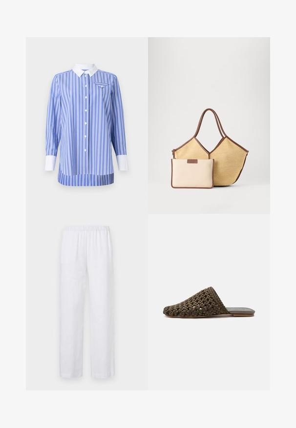 Sinine ja valge triibuline särk pikemate varrukatega, nupplukuga ees, valge krae ja mansettidega. Vasakul rinnal on väike tasku.; ASPESI PANTALONE - Püksid - white; Pruun kootud libisev mule lamedapõhjaga ja suletud ümar varbaosaga valgel taustal.; Beežipunane kootud käekott pruunide äärete ja sangadega, kaasas väiksem beež kott pruunide äärte ja lukuvarruka.