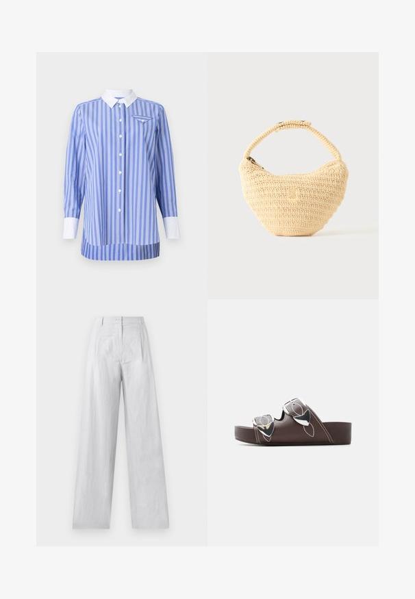 Camisa a rayas azul y blanca de manga larga, con botones en el frente y cuello y puños blancos. Presenta un pequeño bolsillo en el lado izquierdo del pecho.; Pantalones de lino blancos de pierna ancha con cierre de botón en la parte delantera, pliegues en la cintura y una tela ligeramente texturada.; Sandalia tipo plataforma marrón con dos tiras ajustables con hebillas plateadas y costuras en contraste blanco, mostrada de perfil sobre un fondo blanco.; Bolso tejido beige con cuerpo redondeado, cierre de cremallera y una correa corta y gruesa en un estilo de crochet simple y texturizado.