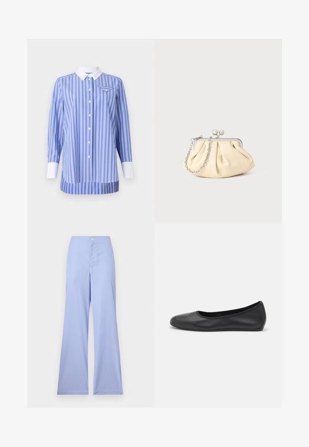 Blauw-wit gestreepte shirt met lange mouwen, knoopsluiting aan de voorkant en een witte kraag en manchetten. Bevat een klein zakje op de linkerborst.; Blauw-wit gestreepte wijde broek met hoge taille, strak aan de bovenkant, met een sluiting aan de voorkant en een gladde textuur.; Zwarte leren ballerina met een ronde neus, gladde textuur, minimale stikdetails en een flexibele zoolontwerp.; Geplooide beige leren clutch met een zilveren metalen frame, voorzien van twee ronde decoratieve sluitingen en een zilveren kettingriem.