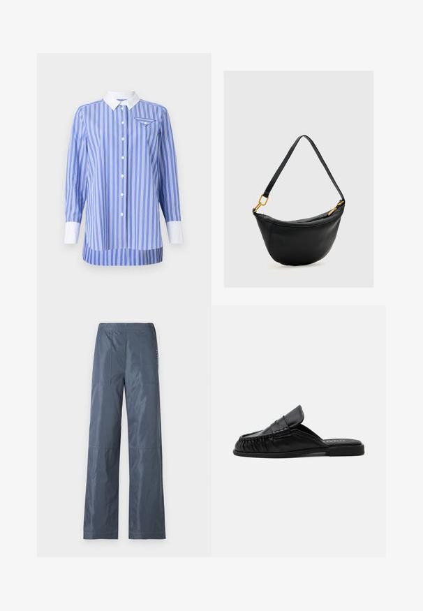 Blauw-wit gestreepte shirt met lange mouwen, knoopsluiting aan de voorkant en een witte kraag en manchetten. Bevat een klein zakje op de linkerborst.; Wijde broek in donkergrijs, gemaakt van een soepele stof. Heeft twee voorzakken en gestikte details langs de naden.; Zwarte leren instap mule met platte zool, mocassinachtige stiksels en een gevouwen tongdetail op een effen achtergrond.; Zwarte leren handtas in halve maanvorm met een enkele riem en goudkleurige ritssluiting en hardware details op een lichte achtergrond.