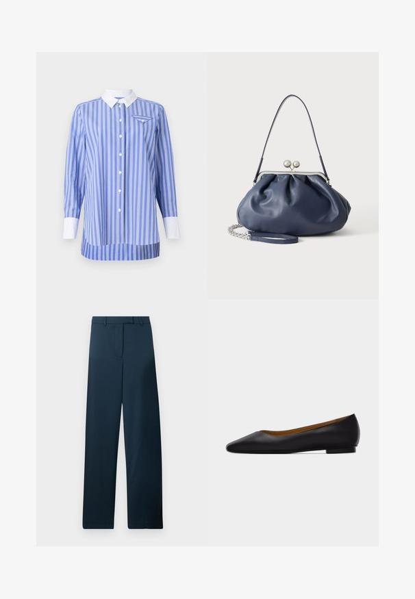Blauw-wit gestreepte shirt met lange mouwen, knoopsluiting aan de voorkant en een witte kraag en manchetten. Bevat een klein zakje op de linkerborst.; Marineblauwe wijde broek met een zachte textuur, een vlakke voorkant en een riemlus. Kenmerkt zich door een minimalistisch ontwerp zonder zichtbare patronen of accenten.; Zwarte leren puntschoen met lage hak en gladde afwerking, zijaanzicht op een lichtgrijze achtergrond.; Zachte navyblauwe leren handtas met zilveren sluiting, enkele schouderband en afneembare ketting polsband op witte achtergrond.