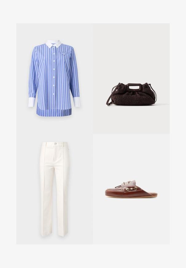 Blauw-wit gestreepte shirt met lange mouwen, knoopsluiting aan de voorkant en een witte kraag en manchetten. Bevat een klein zakje op de linkerborst.; Witte rechte broek in katoenmix, met een gladde textuur, twee voorplooien en een tailleband met een enkele knoopsluiting.; Bruine leren instap loafer met moc-toenaad, gouden oogjes en decoratieve veterdetail aan de zijkant, platte zool, zijaanzicht.; Donkerbruine gestructureerde handtas met rechthoekige uitsnede als handvat en afneembare schouderriem op een effen lichte achtergrond.