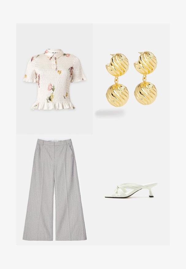 Blouse blanche à manches courtes froncées, ourlet volanté, imprimé floral, col et trois boutons à l'avant.; Pantalons larges gris à rayures verticales, présentant une texture lisse et un subtil éclat. Comprend des poches avant et une ceinture.; Sandale blanche à talon avec plusieurs fines brides nouées et un talon fin de hauteur moyenne sur un fond clair uni.; Boucles d'oreilles en ton doré avec un design tordu. Elles comportent deux éléments sphériques, chacun avec une texture ondulée et une finition polie.