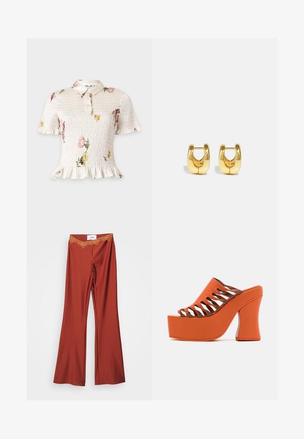 Blouse blanche à manches courtes froncées, ourlet volanté, imprimé floral, col et trois boutons à l'avant.; Pantalons évasés de couleur rouille profonde avec une finition brillante et un détail de ceinture en dentelle élaborée. Le matériau est lisse et extensible.; Mules orange à plateforme avec un épais talon incurvé marron. Présente des découpes sur le bout des orteils et une finition lisse ressemblant à du caoutchouc.; Boucles d'oreilles en or avec un design élégant et arrondi. Présentent un centre creux et une surface brillante, complétant les styles modernes.