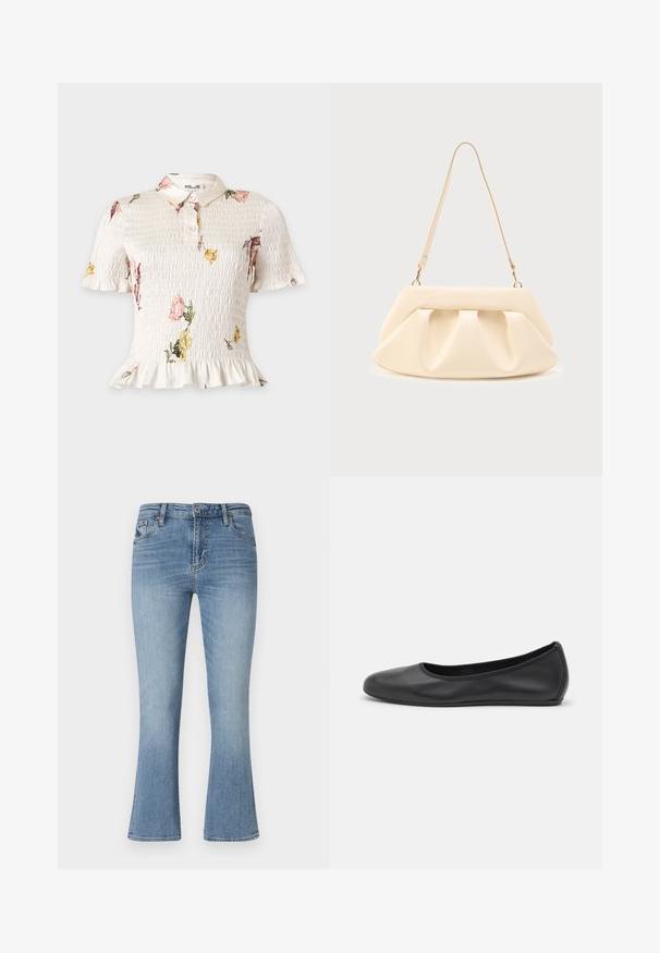 Blouse blanche à manches courtes froncées, ourlet volanté, imprimé floral, col et trois boutons à l'avant.; Jean évasé bleu clair en denim. Il présente une taille mi-haute, cinq poches et des passants de ceinture. Détails de décoloration et couture visibles.; Ballerines en cuir noir avec un bout rond, texture lisse, détails de couture minimalistes et design de semelle flexible.; Sac à main en cuir couleur crème avec des plis froncés, des ferrures dorées, et une seule bandoulière fine sur un fond uni.