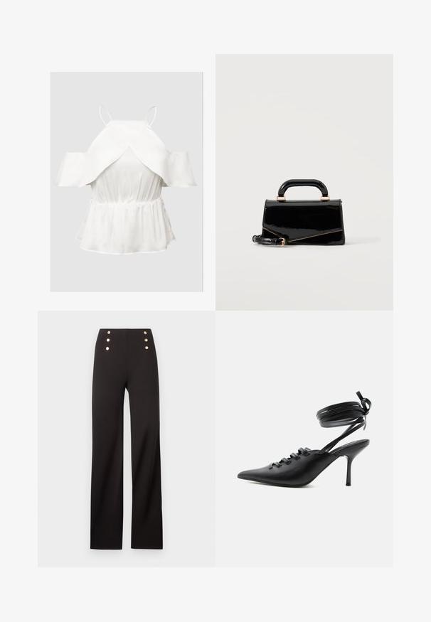 Top blanco sin hombros con mangas de volantes, tejido texturizado, cintura ceñida y dobladillo acampanado. Tirantes finos ajustables.; Pantalones negros de pierna ancha y talle alto con seis botones decorativos dorados dispuestos en dos filas verticales cerca de la cintura.; Zapato de tacón alto negro con punta puntiaguda, con cordones en la parte delantera y correas que rodean el tobillo atadas con un lazo, mostrado de lado sobre un fondo blanco.; Bolso rectangular negro brillante con asa superior, herrajes dorados y correa desmontable, colocado sobre un fondo claro y sencillo.