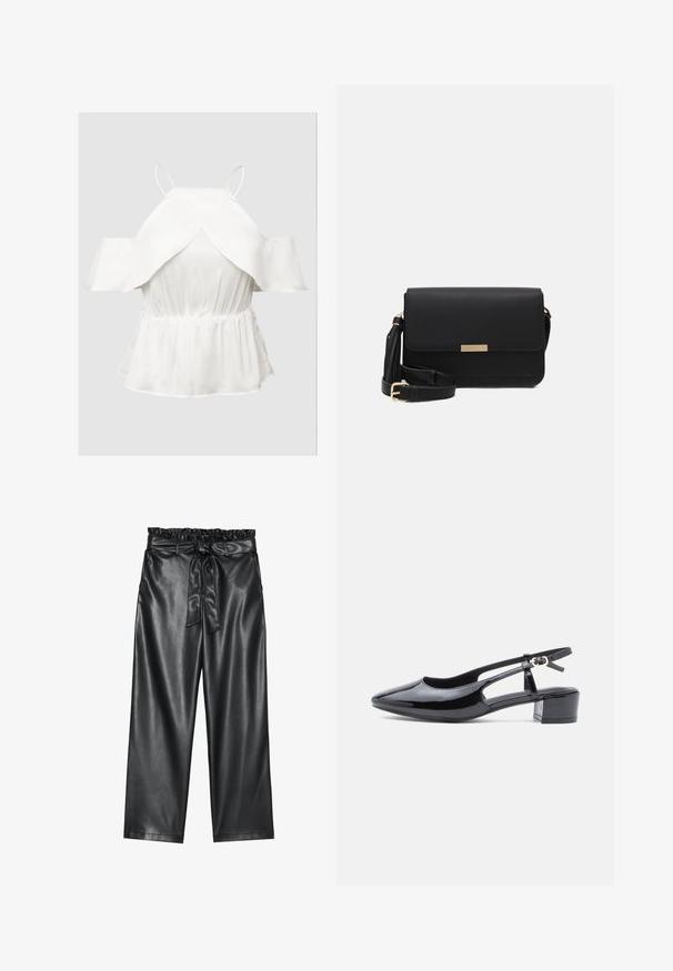 Witte off-shoulder top met gefronkle mouwen, textuurstof, getailleerde taille en een uitlopende zoom. Dunne verstelbare spaghettibandjes.; Zwarte faux leren wijde broek met een elastische, gerimpelde tailleband en een afneembare strikriem. Gladde textuur en minimale glans.; Zwarte gepatineerde leren slingback schoen met een spitse neus, uitgesneden zijkanten en een lage blokhak. Heeft een enkelband met een gesp.; Zwarte leren schoudertas met een flap sluiting, gouden hardware accenten, verstelbare schouderriem en gestructureerd oppervlak. Compakte rechthoekige vorm.