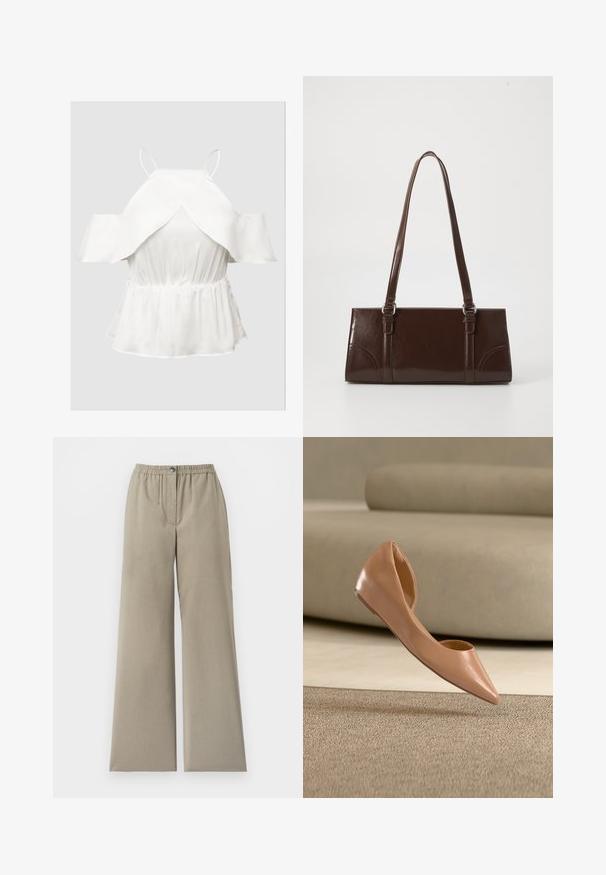 Witte off-shoulder top met gefronkle mouwen, textuurstof, getailleerde taille en een uitlopende zoom. Dunne verstelbare spaghettibandjes.; Beige broek met wijde pijpen, elastische tailleband en knoopsluiting, gladde stof, detail van een naad aan de voorkant, tegen een witte achtergrond.; Beige platte schoen met spits toelopende neus en licht gevouwen hak, hangend boven een gestructureerd tapijt in een neutraal gekleurde kamer.; Bruine lakleren handtas met een rechthoekige vorm, twee lange handvatten en subtiele gebogen accenten aan de voorkant.