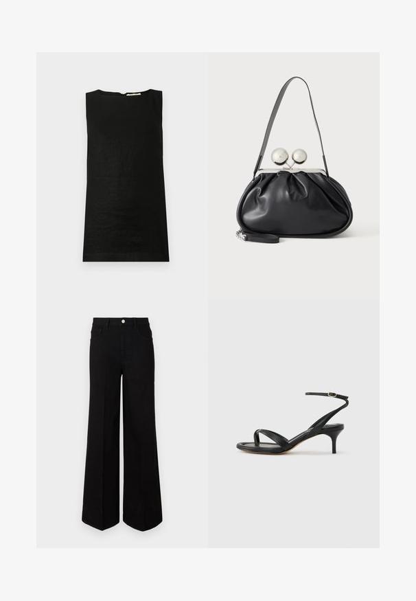 Ærmeløs sort top lavet af et let materiale. Har en rund halsudskæring og en skjult lynlås i ryggen til lukning.; Sorte vide ben-jeans lavet af robust stof, med høj talje, forlommer og en frontal knaplukning. Flad kant i bunden.; Sort damesandal i læder med tynde remme, en tå-loop, ankelspænde og en mellemhøj stiletthæl på en neutral baggrund.; Sort læderhåndtaske med opsamlet design, en enkelt rem, sølv metalramme og to store runde sølv lukninger.