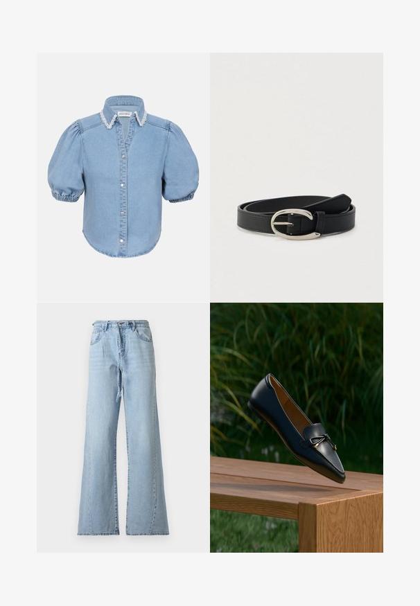 Lyseblå denim kortærmet skjorte med puffede ærmer, blondebesat krave og knaplukning foran. Blød tekstur med afrundet kant.; Lyseblå, højttaljede denimjeans med vide ben, forlommer, bæltestropper, lynlås og matchende denimbælte.; Sort læderloafer med detaljeret sløjfe, der svæver over en træbænk med grøn græs og planter i baggrunden.; Sort læderbælte med sølvfarvet ovalt spænde, rullet sammen på en lysegrå baggrund.