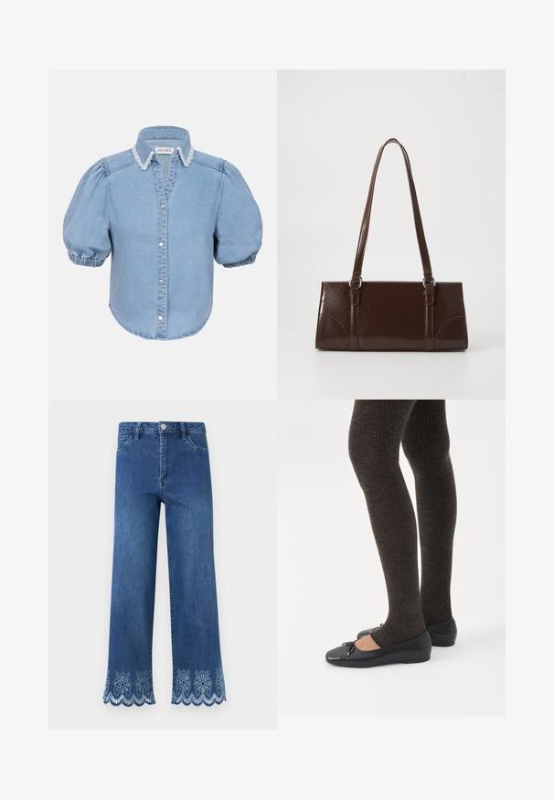 Hellblaues Denim-Hemd mit kurzen Ärmeln, puffierten Ärmeln, einem mit Spitze verzierten Kragen und durchgehender Knopfleiste. Weicher Stoff mit abgerundetem Saum.; Blaue Jeans aus Denim mit hoher Taille und gewellten Spitzenblumen-Ausschnitten entlang der breiten Beinabschlüsse.; Beine in dunklen, gerippten Leggings kombiniert mit schwarzen Ballerinas mit kleinen Schleifendetails auf weißem Hintergrund.; Braune Lackleder-Handtasche in rechteckiger Form, mit zwei langen Griffen und subtilen, geschwungenen Akzenten auf der Vorderseite.