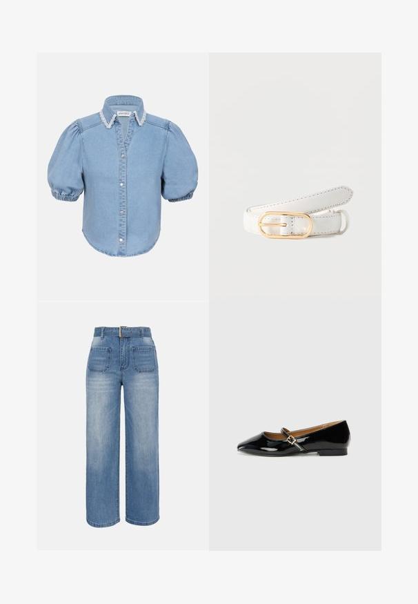 Hellblaues Denim-Hemd mit kurzen Ärmeln, puffierten Ärmeln, einem mit Spitze verzierten Kragen und durchgehender Knopfleiste. Weicher Stoff mit abgerundetem Saum.; Hoch taillierte, weit geschnittene blaue Jeans aus Denim mit aufgesetzten Vordertaschen und einem passenden Gürtel mit quadratischer Metall-Schnalle.; Schwarze Lackleder-Ballerinas mit spitzem Zehenbereich, einem Knöchelriemen mit goldfarbener Schnalle und niedrigem Blockabsatz. Glatte, glanzvolle Oberfläche.; Weißer Ledergürtel mit schwarzer Naht und ovaler goldener Metallschnalle, auf einem schlichten hellen Hintergrund aufgelegt und aufgerollt.