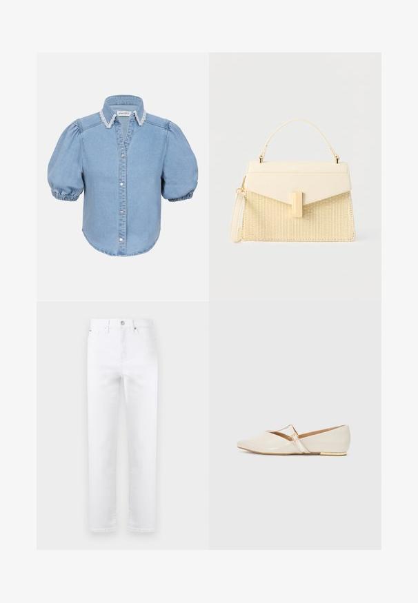 Chemise en denim bleu clair à manches courtes avec des manches bouffantes, un col bordé de dentelle et un devant à boutons. Texture douce avec un ourlet arrondi.; Jean blanc à jambe droite avec fermeture à boutons sur le devant, passants pour ceinture et style classique à cinq poches sur un fond uni.; Ballerines en cuir verni beige avec un bout pointu, une fine lanière sur le cou-de-pied et un petit talon rehaussé d'or.; Sac à main de couleur crème avec texture tissée, fermoir rectangulaire doré, poignée supérieure et bracelet amovible, sur fond blanc uni.