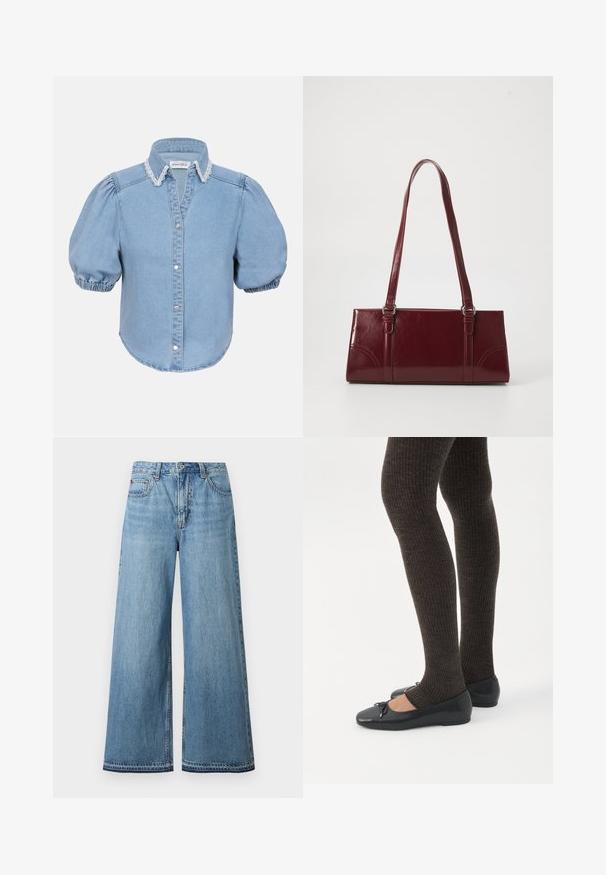 Lyseblå denim kortærmet skjorte med puffede ærmer, blondebesat krave og knaplukning foran. Blød tekstur med afrundet kant.; Højttaljede, lyseblå denimjeans med vide ben, knap- og lynlåslukning foran samt fem-lommer-design.; Ben iført mørke ribbede leggings kombineret med sorte balletsko med små sløjfedetaljer på hvid baggrund.; Bordeaux håndtaske lavet af glansfuldt materiale, rektangulær form, med to skulderremme og subtile buede detaljer på forsiden.