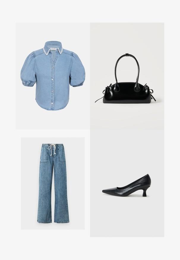 Chemise en denim bleu clair à manches courtes avec des manches bouffantes, un col bordé de dentelle et un devant à boutons. Texture douce avec un ourlet arrondi.; Pantalon en jean bleu clair à jambes larges avec taille élastique et cordon blanc, avec grandes poches plaquées à l'avant.; Pompe en cuir noir avec un bout pointu et un petit talon carré. Texture lisse, lignes épurées, design simple sans motifs ni ornements visibles.; Petit sac à main noir brillant avec deux longues anses et des détails à cordon sur les côtés sur un fond clair uni.