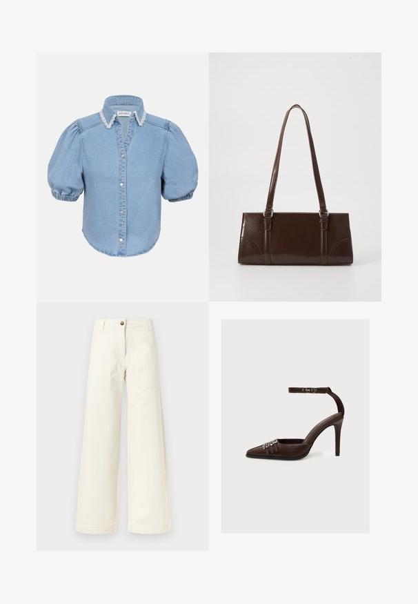 Hellblaues Denim-Hemd mit kurzen Ärmeln, puffierten Ärmeln, einem mit Spitze verzierten Kragen und durchgehender Knopfleiste. Weicher Stoff mit abgerundetem Saum.; Off-Whiteweite Hose mit großen aufgesetzten Fronttaschen, Gürtelschlaufen und einem einzelnen Knopfverschluss in der Taille.; Brauner Leder High-Heel-Schuh mit spitzer Spitze, drei dekorativen silbernen Schnallen vorne und Fußgelenkriemen mit silberner Schnalle.; Braune Lackleder-Handtasche in rechteckiger Form, mit zwei langen Griffen und subtilen, geschwungenen Akzenten auf der Vorderseite.