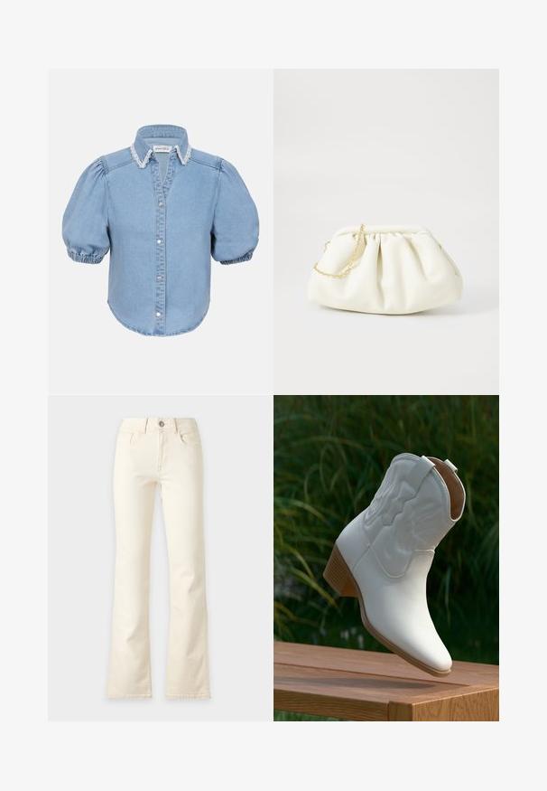 Lyseblå denim kortærmet skjorte med puffede ærmer, blondebesat krave og knaplukning foran. Blød tekstur med afrundet kant.; Jeans med lige ben i cremet farve med forreste knap, lynlås, bæltestropper og forlommer på en ensfarvet lys baggrund.; Hvid læder cowboystøvle til midt på læggen med dekorative syninger og en stablet træsål, hvilende på en træoverflade udendørs.; Hvid læderhåndtaske med en samlede design, forsynet med en guldkæde-strop og en rund form. Glat tekstur med bløde folder og ingen mønstre.