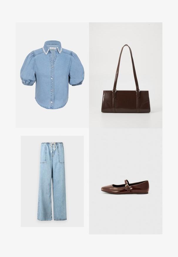 Hellblaues Denim-Hemd mit kurzen Ärmeln, puffierten Ärmeln, einem mit Spitze verzierten Kragen und durchgehender Knopfleiste. Weicher Stoff mit abgerundetem Saum.; Hellblaue Jeans mit weitem Bein, elastischem Bund und weißem Kordelzug, mit großen aufgesetzten Fronttaschen.; Braune Lackleder-Ballerinas mit quadratischer Zehenform und Riemen mit einer kleinen goldenen Schnalle. Glatte Textur, niedriger Absatz und minimalistisches Design.; Braune Lackleder-Handtasche in rechteckiger Form, mit zwei langen Griffen und subtilen, geschwungenen Akzenten auf der Vorderseite.