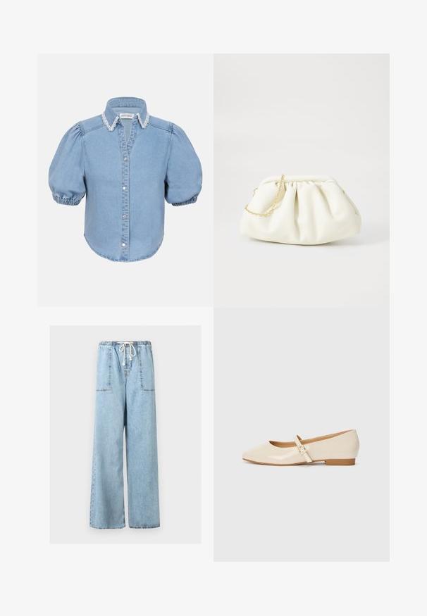 Lyseblå denim kortærmet skjorte med puffede ærmer, blondebesat krave og knaplukning foran. Blød tekstur med afrundet kant.; Lyseblå vidde jeansbukser med elastisk talje og hvid snor, med store frontpatchlommer.; Beige patentlæder balletflade med firkantet tå, lille hæl og justerbar ankelrem med guldspænde accent.; Hvid læderhåndtaske med en samlede design, forsynet med en guldkæde-strop og en rund form. Glat tekstur med bløde folder og ingen mønstre.